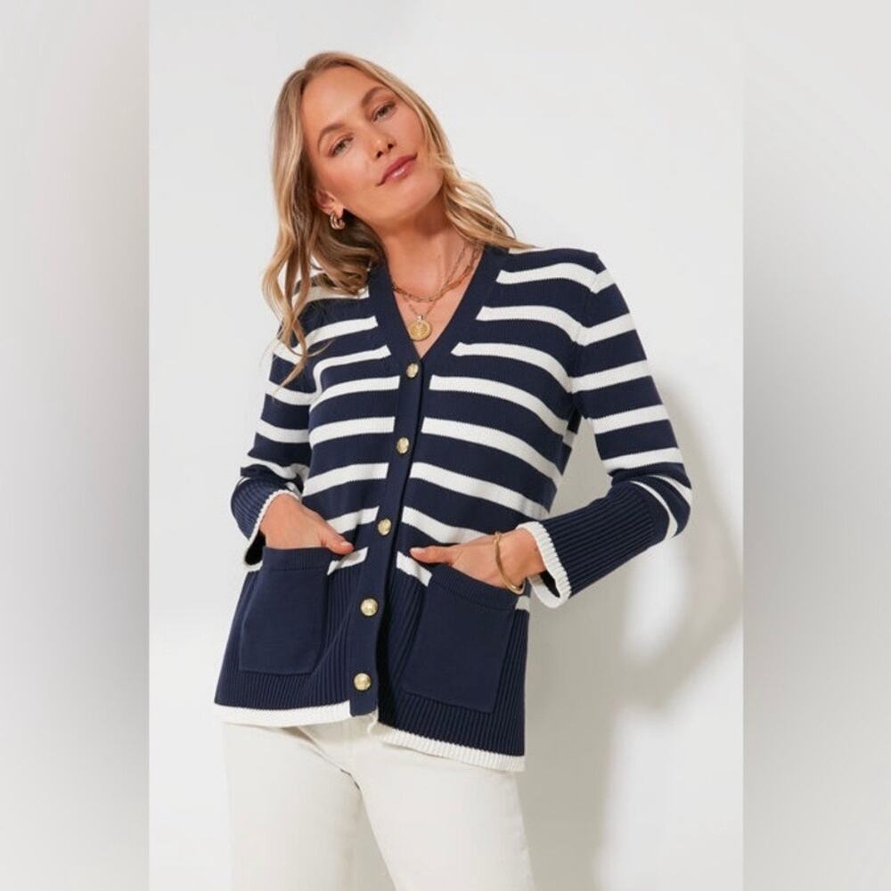 Tuckernuck Navy Striped Kerry Knit Cardigan Xl Nautical Coastal Preppy